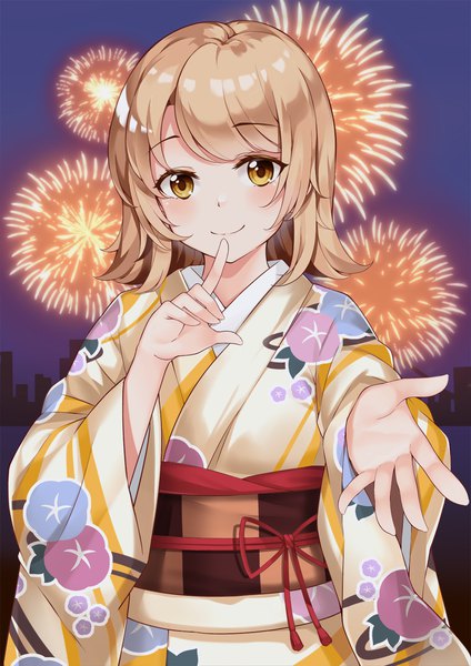 Anime picture 1060x1500 with yahari ore no seishun love comedy wa machigatteiru. brains base (studio) isshiki iroha yukinoshita (shaonjishi) single tall image looking at viewer blush short hair blonde hair smile yellow eyes upper body outdoors traditional clothes japanese clothes floral print finger to mouth outstretched hand fireworks