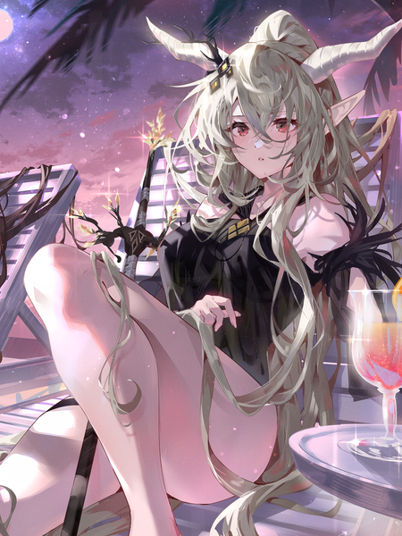 Anime picture 1499x2000 with arknights shining (arknights) shining (silent night) (arknights) arutera single long hair tall image fringe breasts light erotic hair between eyes red eyes large breasts sitting looking away bent knee (knees) outdoors ponytail horn (horns) pointy ears
