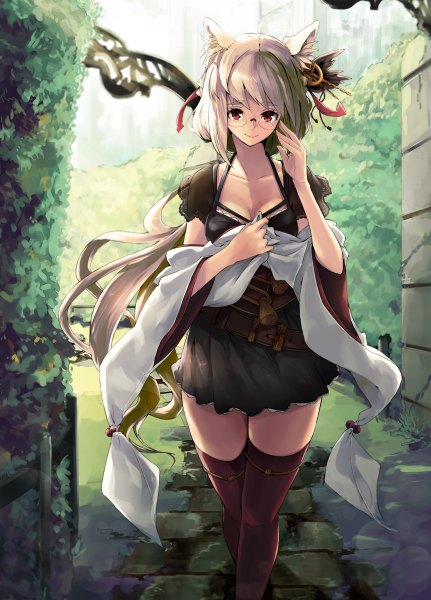 Anime picture 862x1200 with original mille (dieci) single tall image looking at viewer short hair red eyes animal ears white hair girl thighhighs skirt hair ornament miniskirt glasses shawl