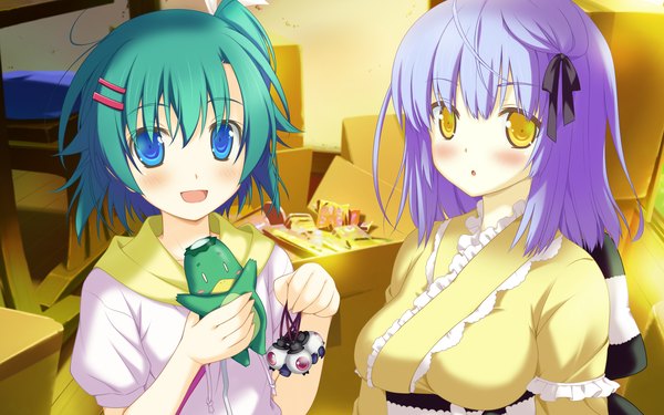 Anime picture 2048x1280 with irotoridori no sekai shikishima kyou toumine tsukasa shida kazuhiro blush highres short hair blue eyes wide image multiple girls yellow eyes blue hair game cg japanese clothes green hair girl 2 girls kimono