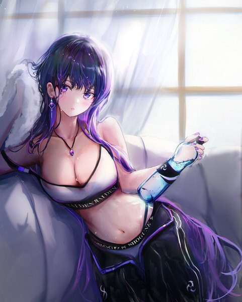 Anime picture 963x1200 with genshin impact raiden shogun dana (hapong07) single tall image looking at viewer blush fringe breasts open mouth light erotic large breasts purple eyes holding cleavage purple hair blunt bangs very long hair nail polish mole