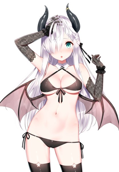 Anime picture 800x1150 with virtual youtuber plivyou kamiki kinu yasuyuki single long hair tall image looking at viewer blush fringe breasts light erotic simple background white background bare shoulders white hair braid (braids) arm up horn (horns) aqua eyes