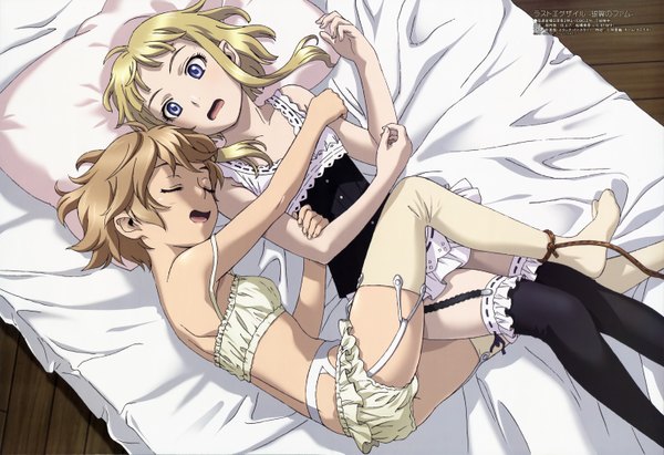 Anime picture 5950x4082 with last exile gonzo fam fan fan milia il velch cutrettola turan highres short hair open mouth blue eyes light erotic blonde hair brown hair multiple girls absurdres cleavage lying eyes closed legs underwear only shoujo ai strap slip