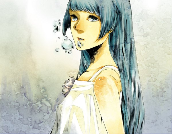 Anime picture 1543x1200 with nico nico singer tagme (character) eco (mayoko) single long hair blue eyes bare shoulders blue hair girl bubble (bubbles)