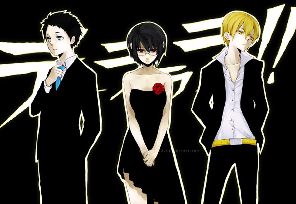 Anime picture 1375x950 with durarara!! brains base (studio) sonohara anri kida masaomi ryuugamine mikado looking at viewer short hair blue eyes black hair blonde hair red eyes yellow eyes looking away multiple boys holding hands hand in pocket girl thighhighs dress boy