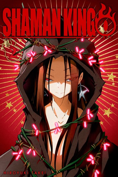 Anime picture 1600x2400 with shaman king xebec asakura hao takei hiroyuki single long hair tall image looking at viewer red eyes signed upper body light smile inscription copyright name red background boy earrings star (symbol) hood garland