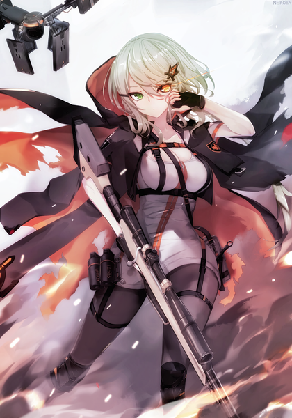 Anime picture 1540x2200 with girls frontline tac-50 (girls frontline) nekoya (liu) single tall image looking at viewer fringe short hair breasts hair between eyes large breasts standing holding green eyes signed cleavage silver hair arm up wind orange eyes