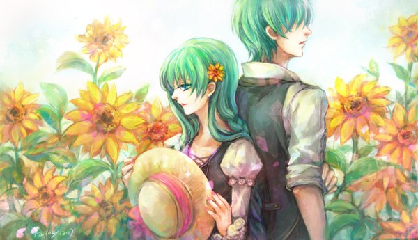 Anime picture 1280x738 with vocaloid hatsune miku hatsune mikuo ki kiyoshien (fantasyxing) long hair short hair wide image signed braid (braids) nail polish profile hair flower aqua eyes from behind aqua hair back to back twisty sleeves girl boy hair ornament