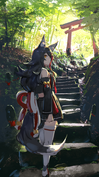 Anime picture 562x1000 with virtual youtuber hololive ookami mio ookami mio (1st costume) ac (eshi) single long hair tall image looking at viewer black hair standing bare shoulders animal ears yellow eyes full body outdoors tail animal tail pleated skirt looking back