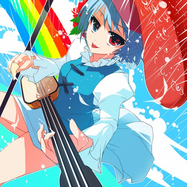 Anime picture 1300x1300 with touhou tatara kogasa smile blue hair sky heterochromia rain girl umbrella musical instrument guitar rainbow