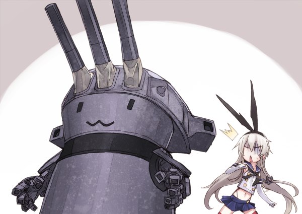 Anime picture 1200x850 with kantai collection shimakaze destroyer rensouhou-chan matsuryuu long hair open mouth blonde hair chibi :3 surprised no eyes girl thighhighs skirt gloves navel hair ornament underwear panties ribbon (ribbons)