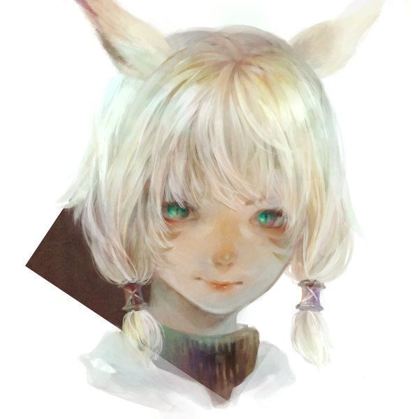 Anime picture 2000x2000 with final fantasy final fantasy xiv square enix miqo'te y'shtola rhul satomatoma single looking at viewer blush fringe highres short hair simple background white background twintails green eyes animal ears white hair light smile cat ears