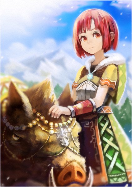 Anime picture 2480x3508 with original okuto tall image looking at viewer fringe highres short hair smile red eyes standing sky cloud (clouds) outdoors red hair sunlight short sleeves fang (fangs) fur trim mountain hand on another's head