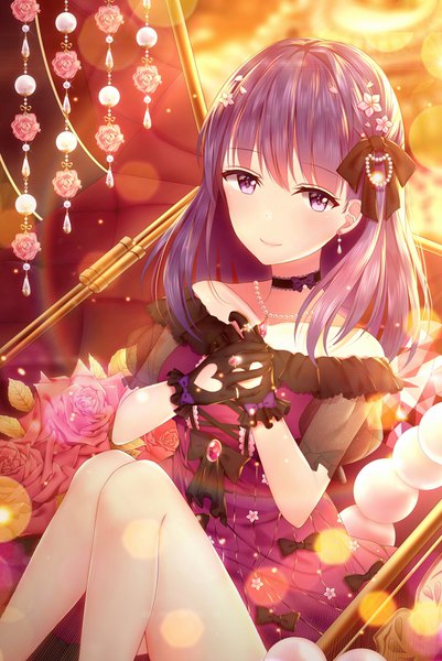 Anime picture 2627x3931 with fate (series) fate/grand order fate/stay night matou sakura junpaku karen single long hair tall image looking at viewer blush fringe highres purple eyes bare shoulders purple hair light smile girl gloves flower (flowers) bow