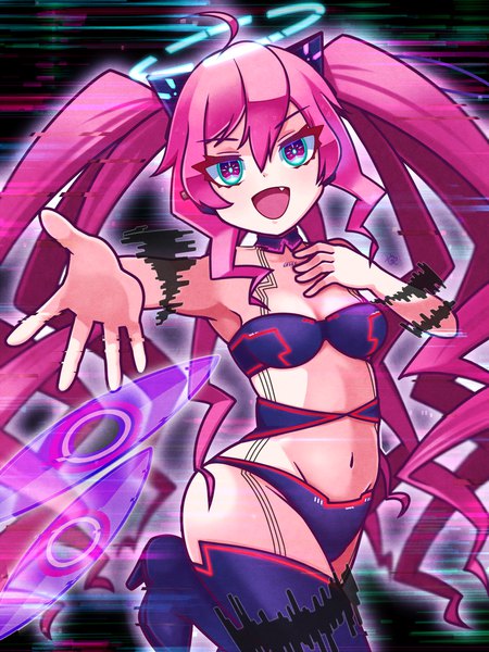Anime picture 1200x1600 with sound voltex grace (sound voltex) partyanthem single long hair tall image looking at viewer fringe breasts open mouth light erotic smile hair between eyes standing twintails pink hair ahoge :d pink eyes fang (fangs)
