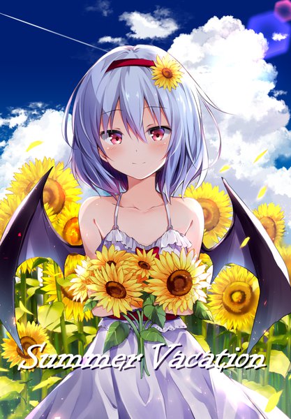 Anime picture 700x1006 with touhou remilia scarlet hyurasan single tall image looking at viewer blush fringe short hair smile hair between eyes red eyes standing bare shoulders holding blue hair sky cloud (clouds) outdoors hair flower