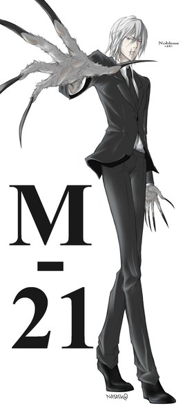 Anime picture 900x1920 with noblesse m-21 tofu-jiggles single tall image looking at viewer fringe short hair simple background hair between eyes standing white background signed full body grey hair from below grey eyes copyright name character names outstretched arm
