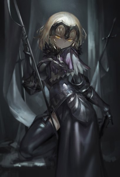 Anime picture 1600x2352 with fate (series) fate/grand order fate/apocrypha jeanne d'arc (fate) (all) jeanne d'arc alter (fate) azomo single tall image looking at viewer fringe short hair breasts blonde hair smile holding yellow eyes bent knee (knees) head tilt leaning zettai ryouiki