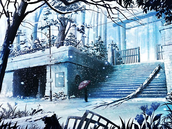 Anime picture 1200x900 with original 108 single snowing winter snow scenic bare tree girl dress plant (plants) tree (trees) umbrella branch stairs torii pole ladder