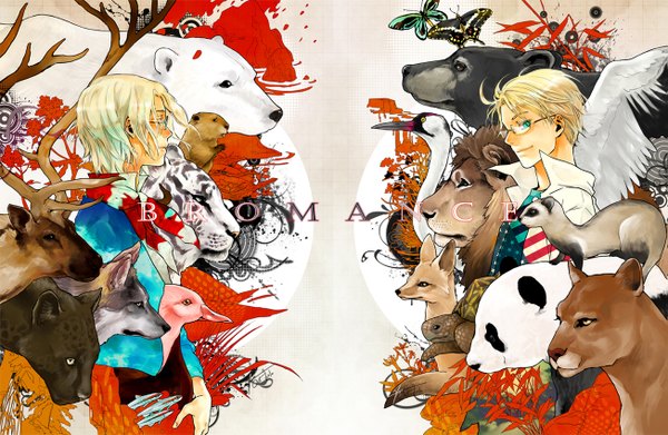 Anime picture 1303x850 with axis powers hetalia studio deen america (hetalia) canada (hetalia) yooani short hair blue eyes blonde hair multiple boys boy animal choker glasses scarf bird (birds) insect butterfly 2 boys flag fox