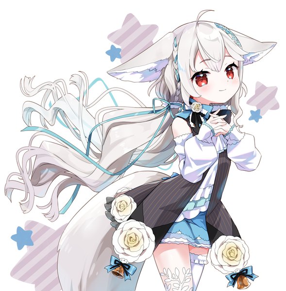 Anime picture 1617x1646 with original sakurada shiro amimi (artist) single tall image looking at viewer blush fringe simple background hair between eyes red eyes standing white background twintails bare shoulders animal ears silver hair ahoge tail blunt bangs