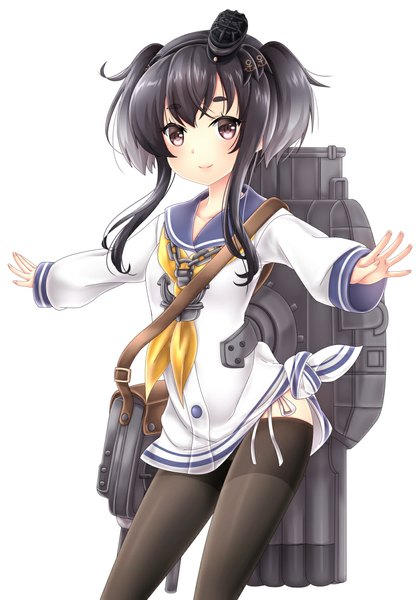 Anime picture 825x1188 with kantai collection tokitsukaze destroyer baretto single long hair tall image blush black hair simple background smile white background brown eyes girl weapon hat sailor suit mini hat mini top hat