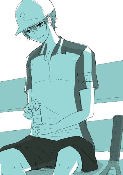 Anime picture 1049x1488 with prince of tennis echizen ryoma komaki (pixiv1403406) single tall image fringe short hair hair between eyes sitting light smile looking down monochrome shaded face boy uniform gym uniform paper baseball cap tennis uniform tennis racket