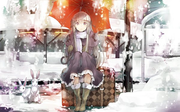 Anime picture 1100x688 with yosuga no sora kasugano sora yuugen single long hair looking at viewer sitting white hair grey eyes snowing winter snow girl dress animal boots scarf umbrella bunny mittens