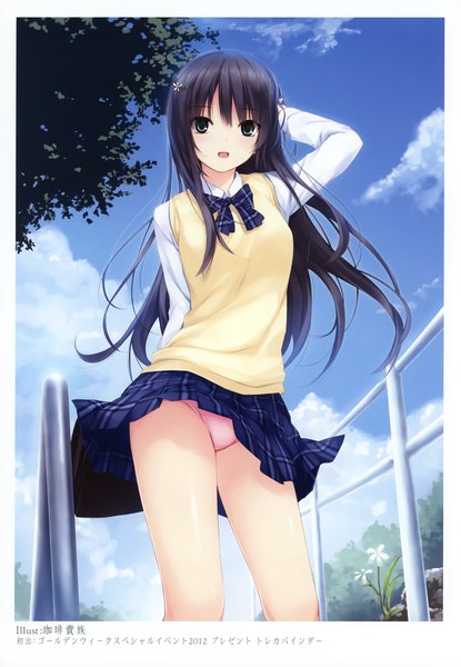 Anime picture 2406x3475 with original coffee-kizoku single long hair tall image looking at viewer blush highres open mouth blue eyes light erotic black hair sky cloud (clouds) scan girl skirt uniform underwear panties