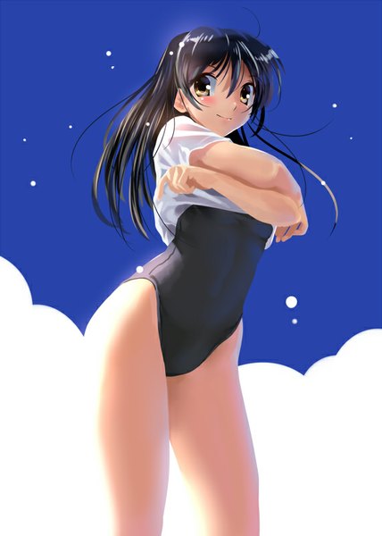 Anime picture 571x800 with original katahira masashi single long hair tall image looking at viewer blush light erotic black hair brown eyes sky light smile undressing wet clothes girl swimsuit one-piece swimsuit black swimsuit