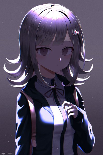 Anime picture 2122x3187 with dangan ronpa super dangan ronpa 2 nanami chiaki dd 0000 single tall image looking at viewer highres short hair simple background purple eyes signed purple hair upper body grey background twitter username girl hairclip