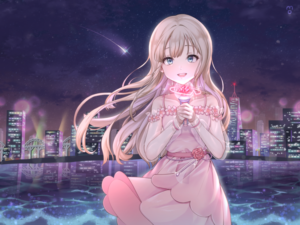 Anime picture 2000x1500 with tales runner lala (tales runner) cute took single long hair looking at viewer fringe highres open mouth blue eyes blonde hair smile standing bare shoulders holding payot cloud (clouds) outdoors nail polish :d