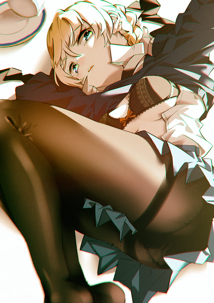 Anime picture 1061x1500 with girls und panzer darjeeling (girls und panzer) shiomi (lowrise) single tall image looking at viewer fringe short hair breasts light erotic simple background blonde hair hair between eyes green eyes bent knee (knees) lying braid (braids) long sleeves parted lips pleated skirt