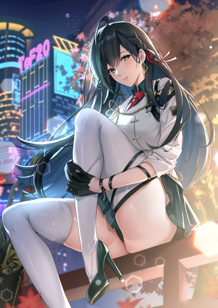 Anime picture 868x1228 with tower of fantasy lin (tower of fantasy) nu10040904 single long hair tall image looking at viewer blush fringe light erotic black hair hair between eyes sitting green eyes ahoge bent knee (knees) outdoors braid (braids) multicolored hair light smile