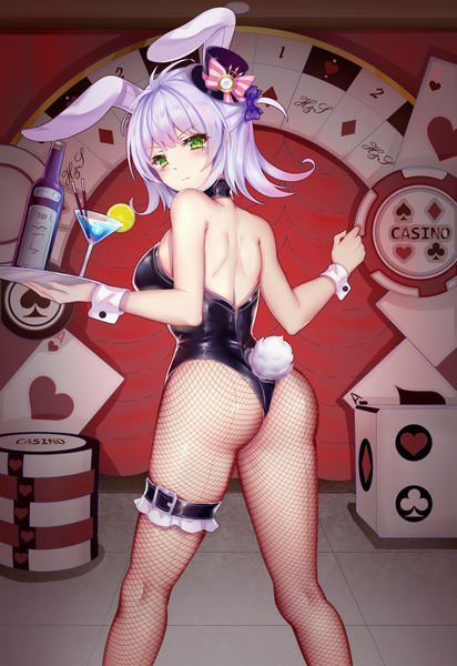 Anime picture 1200x1745 with original congqian you ke xing single tall image short hair light erotic green eyes animal ears silver hair ass tail animal tail looking back from behind bunny ears one side up bunny girl bare back bunny tail girl