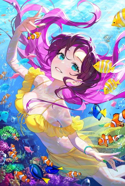 Anime picture 2946x4387 with original heartki single long hair tall image blush fringe highres breasts light erotic smile large breasts signed purple hair nail polish parted lips arm up aqua eyes fingernails sunlight