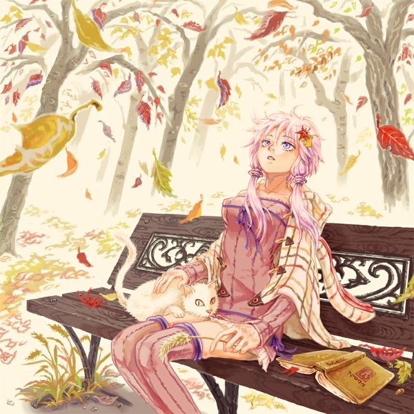 Anime picture 1000x1000 with vocaloid yuzuki yukari chaky (artist) long hair fringe open mouth sitting purple eyes twintails purple hair outdoors open clothes open jacket low twintails looking up girl thighhighs plant (plants) animal tree (trees)
