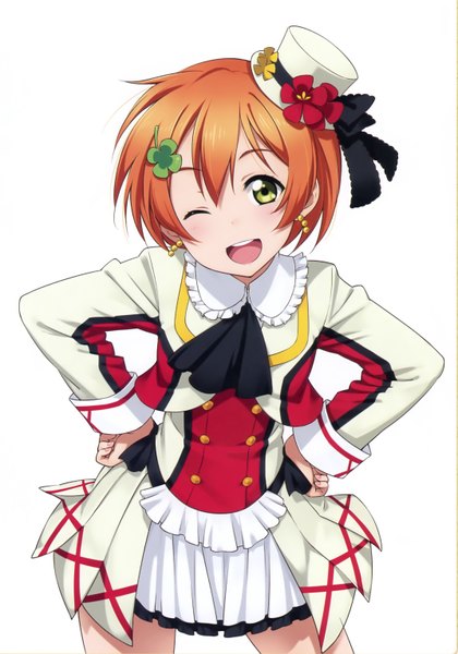 Anime picture 2144x3063 with love live! school idol project sunrise (studio) love live! hoshizora rin inou shin single tall image looking at viewer blush highres short hair open mouth simple background white background green eyes one eye closed wink scan orange hair girl