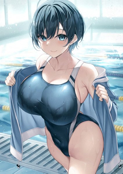 Anime picture 707x1000 with original xe (execut3r) single tall image looking at viewer fringe short hair breasts blue eyes light erotic black hair smile hair between eyes standing indoors open jacket wet huge breasts covered navel shiny clothes