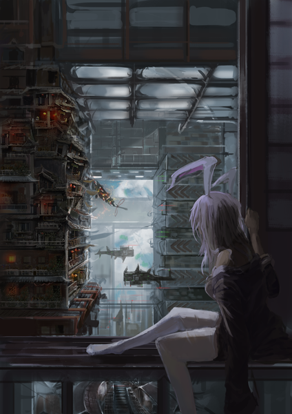 Anime picture 2480x3507 with touhou reisen udongein inaba du xiedai zhe long hair tall image highres sitting animal ears pink hair bunny ears cityscape scenic no face gap girl thighhighs skirt ribbon (ribbons) miniskirt white thighhighs