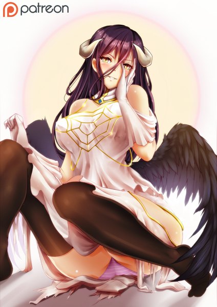 Anime picture 1000x1414 with overlord (maruyama) madhouse albedo (overlord) bearwitch single long hair tall image looking at viewer blush fringe breasts light erotic hair between eyes large breasts sitting yellow eyes purple hair parted lips horn (horns) realistic
