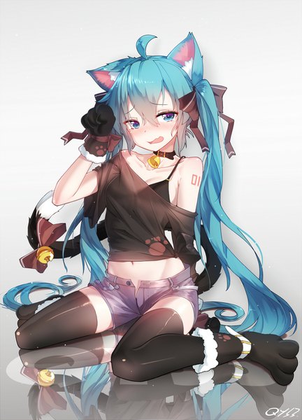 Anime picture 1008x1400 with vocaloid hatsune miku qys3 single tall image looking at viewer blush open mouth blue eyes light erotic simple background sitting twintails animal ears payot ahoge tail very long hair animal tail cat ears