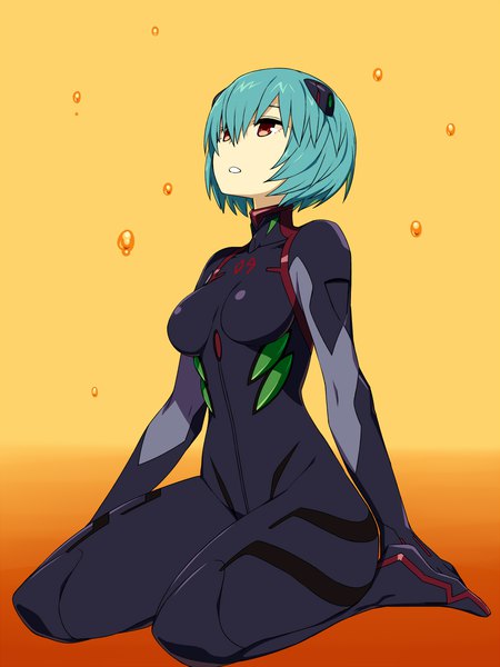 Anime picture 1000x1333 with neon genesis evangelion rebuild of evangelion evangelion: 3.0 you can (not) redo gainax ayanami rei chan co single tall image fringe short hair hair between eyes red eyes sitting full body aqua hair wariza looking up girl bodysuit pilot suit