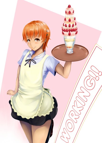 Anime picture 1250x1750 with working!! a-1 pictures inami mahiru irohara single tall image looking at viewer blush short hair smile orange hair orange eyes girl skirt miniskirt shirt socks food sweets black socks