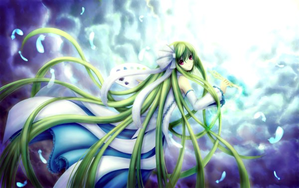 Anime picture 3500x2200 with original ulquiorra0 maoh single long hair highres absurdres cloud (clouds) very long hair pink eyes looking back green hair girl detached sleeves feather (feathers)