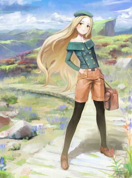 Anime picture 1423x1920 with original arata yokoyama single long hair tall image looking at viewer blush blonde hair smile standing bare shoulders holding yellow eyes sky cloud (clouds) full body outdoors head tilt wind mountain
