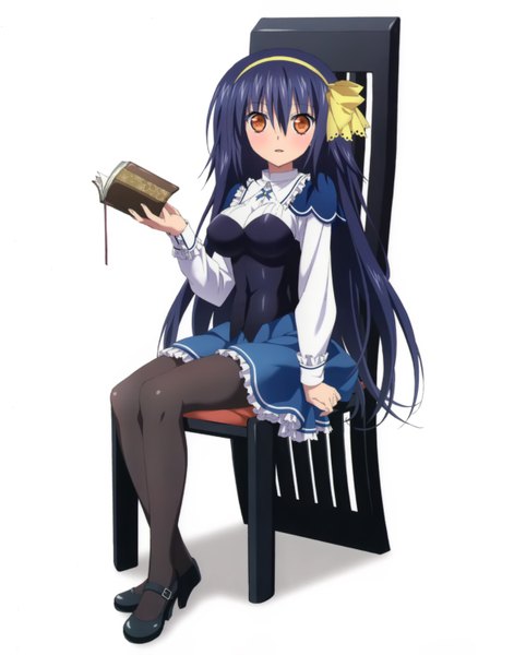 Anime picture 2410x3000 with absolute duo 8bit tachibana tomoe single long hair tall image looking at viewer highres black hair white background sitting brown eyes scan girl uniform school uniform pantyhose hairband black pantyhose book (books)