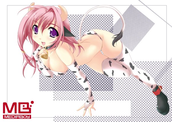Anime picture 1654x1181 with light erotic purple eyes animal ears pink hair tail horn (horns) bell collar girl thighhighs bell collar cow