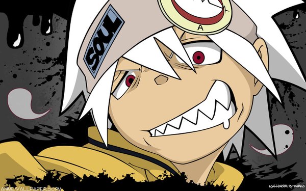 Anime picture 1280x800 with soul eater studio bones soul eater evans single looking at viewer fringe short hair smile red eyes wide image white hair teeth wallpaper close-up face vector spiked hair crazy smile boy