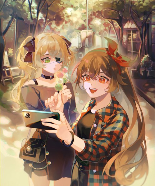 Anime picture 1818x2184 with genshin impact fischl (genshin impact) amber (genshin impact) hayashikana long hair tall image highres open mouth blonde hair brown hair multiple girls brown eyes green eyes outdoors :d two side up alternate costume surprised street girl